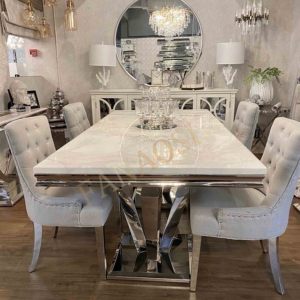 Nhà Hàng Hiện Đại Đồ Nội Thất Chân Thép Không Gỉ Bàn Ăn Chỉ Có Bàn Ăn 6 Ghế Trắng - Product Image 1