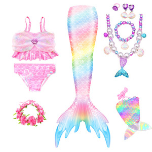 Costume da bagno bikini a coda di sirena per bambine con motivo arcobaleno in garza e finitura metallizzata, set 2 pezzi per bambini - Product Image 3