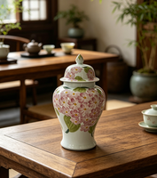 Pot à gingembre rose pâle, motif de feuilles vertes, pot de rangement en porcelaine avec couvercle