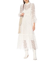 Blanc Double Couche Creux Out Stand Cou Puff Manches Dames Robes À Manches Longues D'été Dentelle 100% Coton Boho Robe