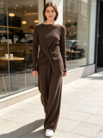 Tenues en tricot pour femmes automne-hiver, ensemble deux pièces, couleur unie, pull ample à manches longues et pantalon large