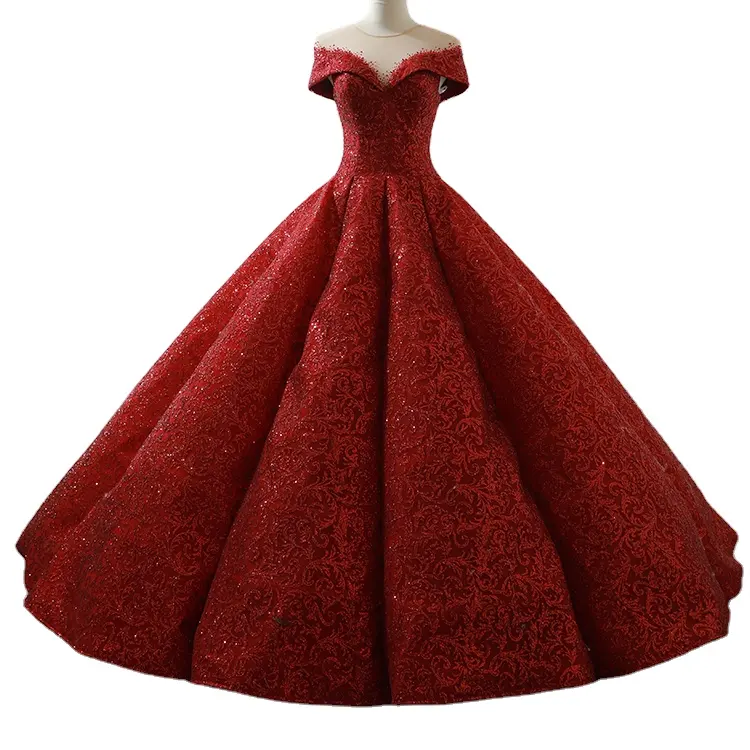 Pabrikan Desain Baru 2022 Gaun Prom Mewah Berkilau Merah Anggur Terbaru Gaun Pengantin Gaun Malam Bahu Terbuka Ruffle