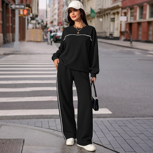 Women's Black Long Sleeve <b>Sweater</b> <b>Set</b> Crew Neck Knitted Full Length Solid Color Side Stripe Casual Lounge Wear - Product Image 6