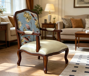 Fauteuil d'appoint en bois massif bicolore avec dossier en tissu floral, assise en PU crème, garniture à rivets et pieds cabriole pour salon - Product Image 3