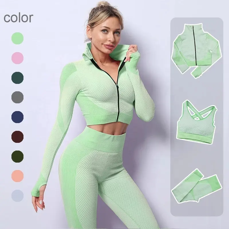 Winter Long Sleeve Activewear Women 3 Piece Front Zip Top Workout Seamless Yoga Gym Outfit Set For Women