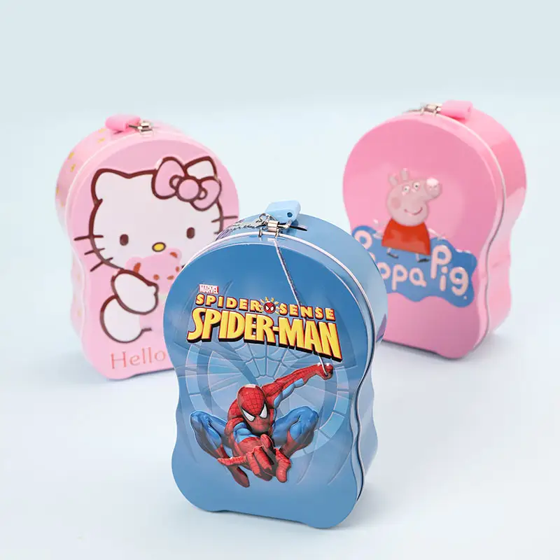 TOPSTHINK Cute metal lid piggy coin bank 3D cartoon character money storage boxes with lock for kids