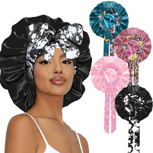 Gorro de satén de seda con estampado floral de leopardo de lujo con lazo largo para mujer, gorros de satén para el cabello, gorro para dormir - Product Image 1