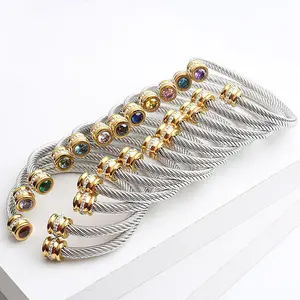 Stainless Steel Zircon Birthstone Cuff Open Bracelet Crystal David Style Twisted Cable Cuff Bangle Colored Bracelet