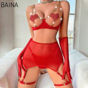 Bra Setengah Cup Renda Dengan Rantai Seksi Merah Pakaian Dalam Halus - Product Image 4