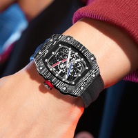 Montre Sport Homme à Quartz Grand Cadran Boîtier Tonneau Bracelet Nylon Creux Tendance Étanche Aiguilles Lumineuses Vente en Gros Usine