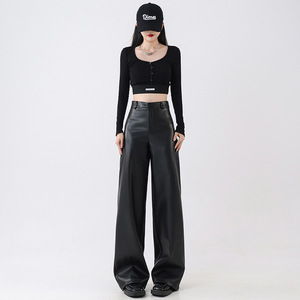 <span class=keywords><strong>Pantaloni</strong></span> Vintage da <span class=keywords><strong>Donna</strong></span> Estivi in PU, Gamba Larga, Vita Alta, Chiusura con Cerniera, Neri <span class=keywords><strong>di</strong></span> Alta Qualità - Product Image 1