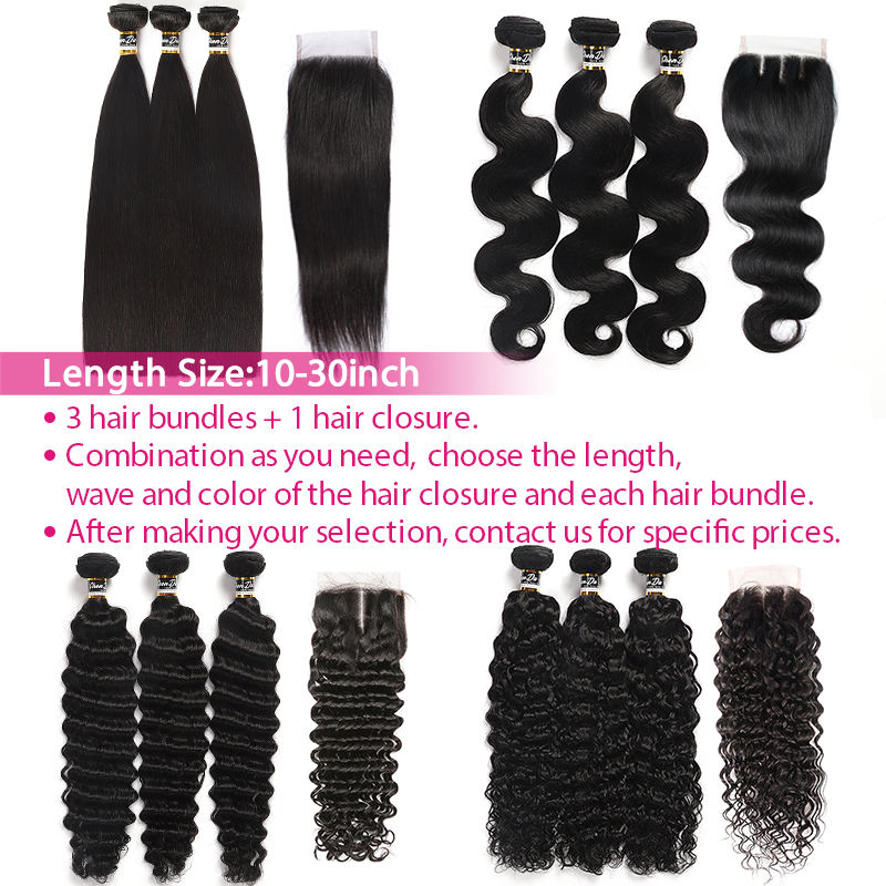 3 faisceaux de cheveux + 1 fermeture de cheveux