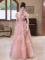Robe de soirée LY-PD0126 3D fleurs rose doux Tulle dentelle hors épaule naturelle a-ligne parole longueur jupe élégante pour les filles fête