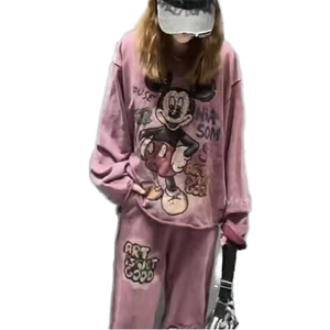 T-shirt mode en coton pour femmes avec short long au genou Tenue quotidienne confortable avec un design doublé pour la saison de printemps B0339 Cartoon Print - Product Image 1