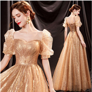 Gold Ball Gown Sweetheart Neckline Empire Waist Puff Sleeve Vintage Evening Dress For Bridal Photoshoots And Performances - Product Image 3