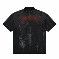 T-shirt Boxy Vintage Délavé OEM ODM, Col à Clous Métalliques, Graphisme Bande Métallique Noire, Tee-shirt Court Streetwear, Impression Logo Personnalisée