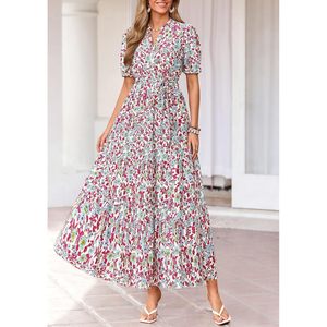 Robe longue d'été pour femme, style bohème, à fleurs, manches courtes, col en V, coupe trapèze, tenue décontractée pour la plage et les vacances - Product Image 3