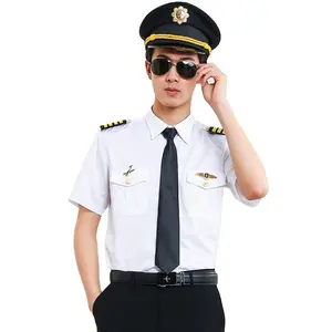 Beyaz klasik düz kısa kollu erkek pilot üniforma gömlekleri apolet ile havayolu Pilot üniforma