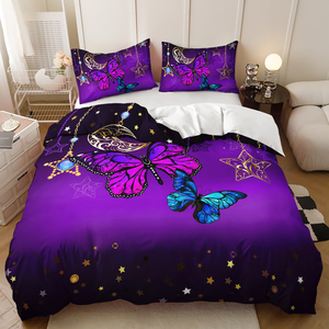 Ensemble de housse de couette imprimée avec des animaux de dessin animé modernes en 3D, 100% polyester, papillon, <span class=keywords><strong>extra</strong></span> <span class=keywords><strong>large</strong></span>, violet doré, literie - Product Image 3