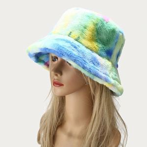 Autumn Winter Furry Tie Dyed Bucket <b>Hat</b> Fashion Colorful Women Thickened Warm Wide Brim Bucket <b>Hat</b> - Product Image 2