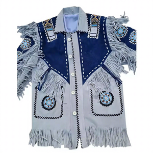 New Style High Quality Men's White and Blue Western <b>Suede</b> <b>Leather</b> <b>Jacket</b> with Fringe - Customizable Men's <b>Leather</b> <b>Jacket</b> - Product Image 1