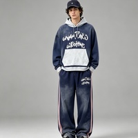 Vente en gros de logo personnalisé Streetwear Patchwork Sweat à capuche avec poche Patch de costume Broderie Logo Poids lourd Lavé Ensemble Sweat à capuche et pantalon de survêtement