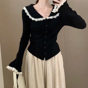Cárdigan de Punto con Cuello Nuevo, Manga Larga y Parches de Encaje para Mujer, Otoño e Invierno - Product Image 4