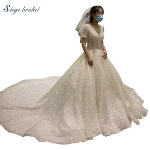 A-Line V-Đường Viền Cổ Áo Ngắn Tay Áo Zip Up Làm Bằng Tay Thêu Beading Floor-Length Wedding Dress Bridal Gown