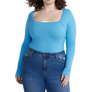 Ribbed knit square neck knitwear blue cotton jumper fat ladies long sleeve plus size women's sweaters