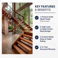 Escalier flottant moderne sur mesure avec marches en bois massif de qualité FAS et poutre invisible en acier au carbone pour l'intérieur de villas de luxe