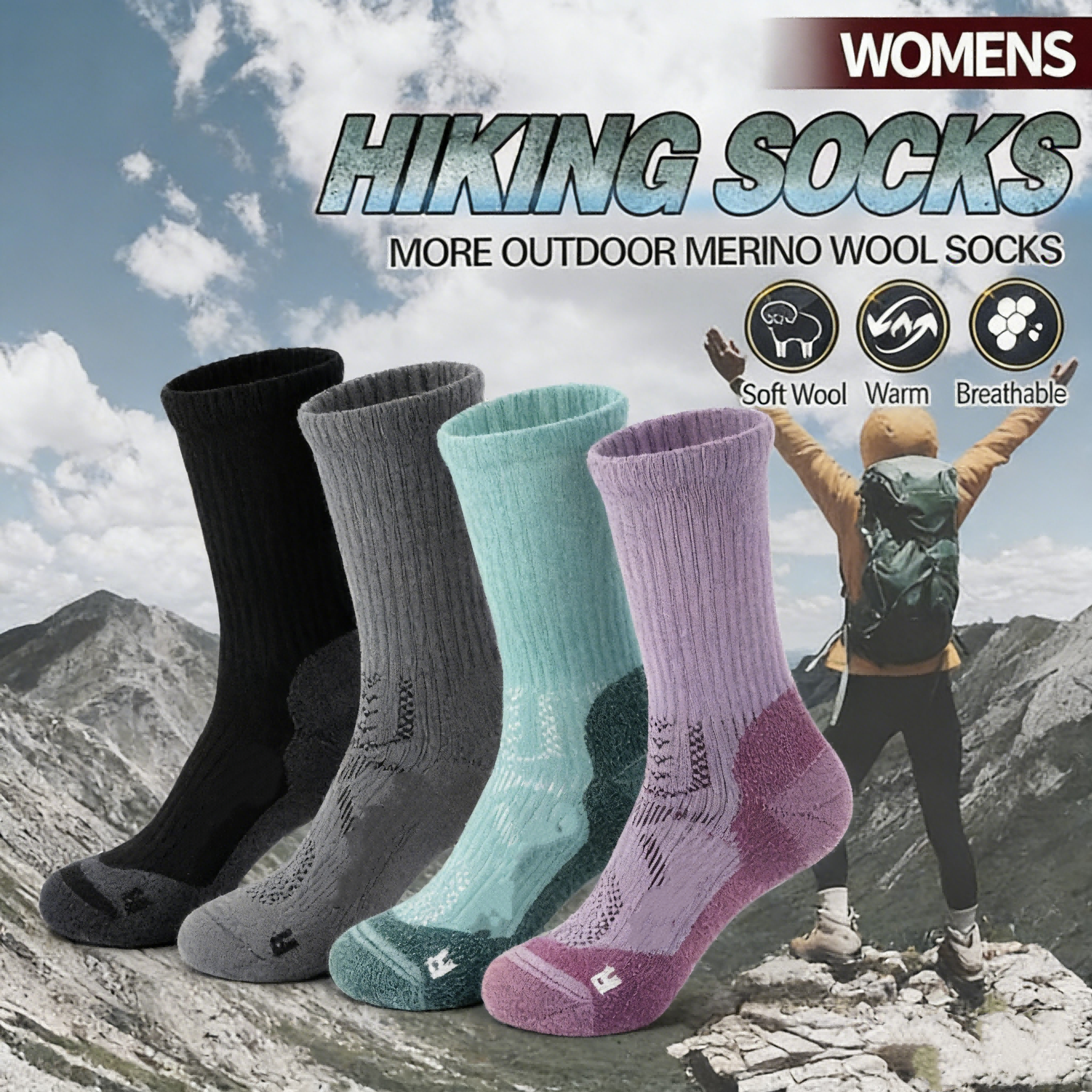 High Quality Custom Performance Outdoor Socks Thermal Breathable Wool Crew Hiking Socks