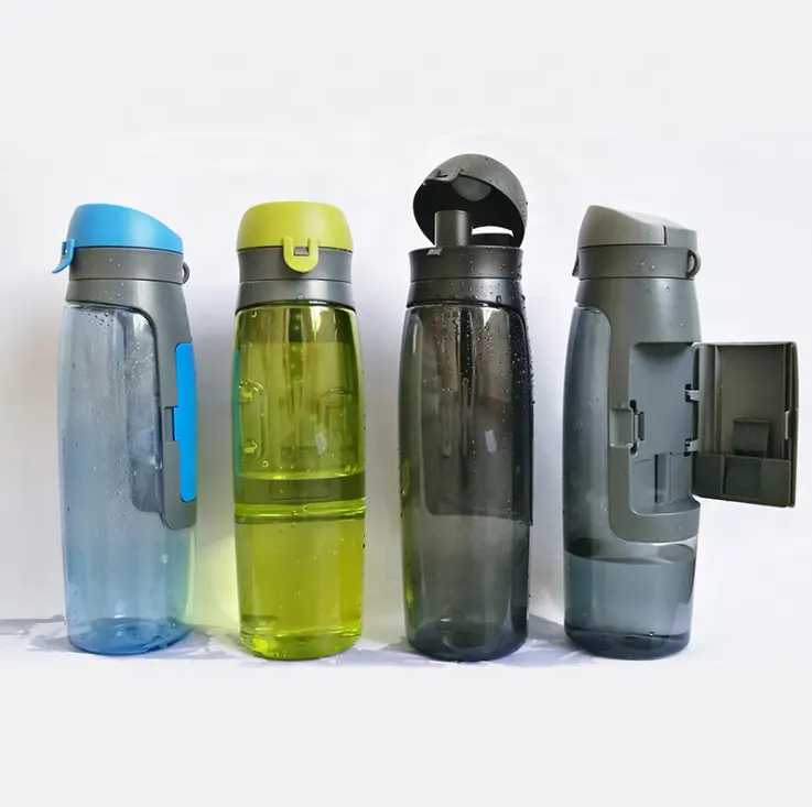 Garrafa de água portátil de 750ml, garrafa plástica com suporte para cartão/chaves/dinheiro para bicicleta ao ar livre e ciclismo