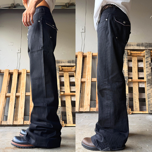 Jean en denim indigo bleu pour homme, coupe baggy à jambe large, en selvedge japonais, personnalisé, épais, lavable, de haute qualité, effet empilé - Product Image 3