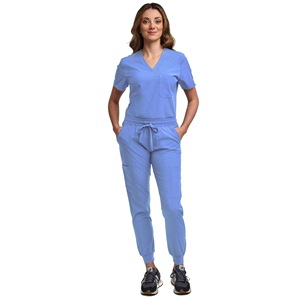 Light <b>Blue</b> <b>Scrub</b> Uniform Set Women V Neck Top Drawstring Pants Medical Workwear Hospital Uniforms - Product Image 1