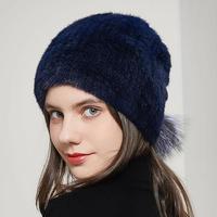 Bonnet d'hiver en fourrure de vison véritable pour femme, tricoté, avec oreilles en peluche de renard, queue de cheval, personnalisable, pour le voyage