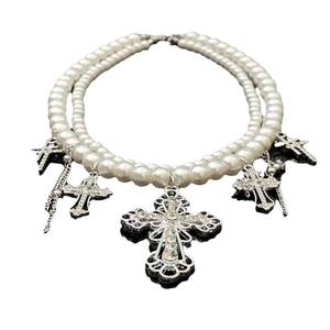 Double Layered Faux Pearl <b>Cross</b> Necklace With Tassel Pendant White K Fashionable Clavicle <b>Chain</b> For Women - Product Image 5