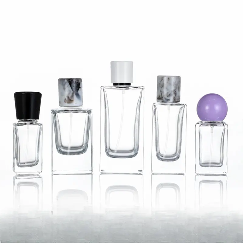 Üretici 30 ml kalınlaşmış cam kozmetik kare baskılı logo çıkartması kalem dolum sprey parfüm şişesi ile ahşap kapak