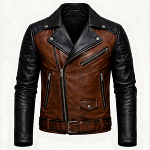 Chaqueta de Motociclista de Cuero para Hombre, Color Marrón y Negro, con Cierre, Estilo Biker - Product Image 1