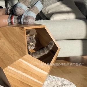 Cama para Mascotas de Madera Maciza, Caja Nido para Gatos, Mueble Multifuncional, Origen Shandong, Material de Roble Natural, Forma Cuadrada - Product Image 4