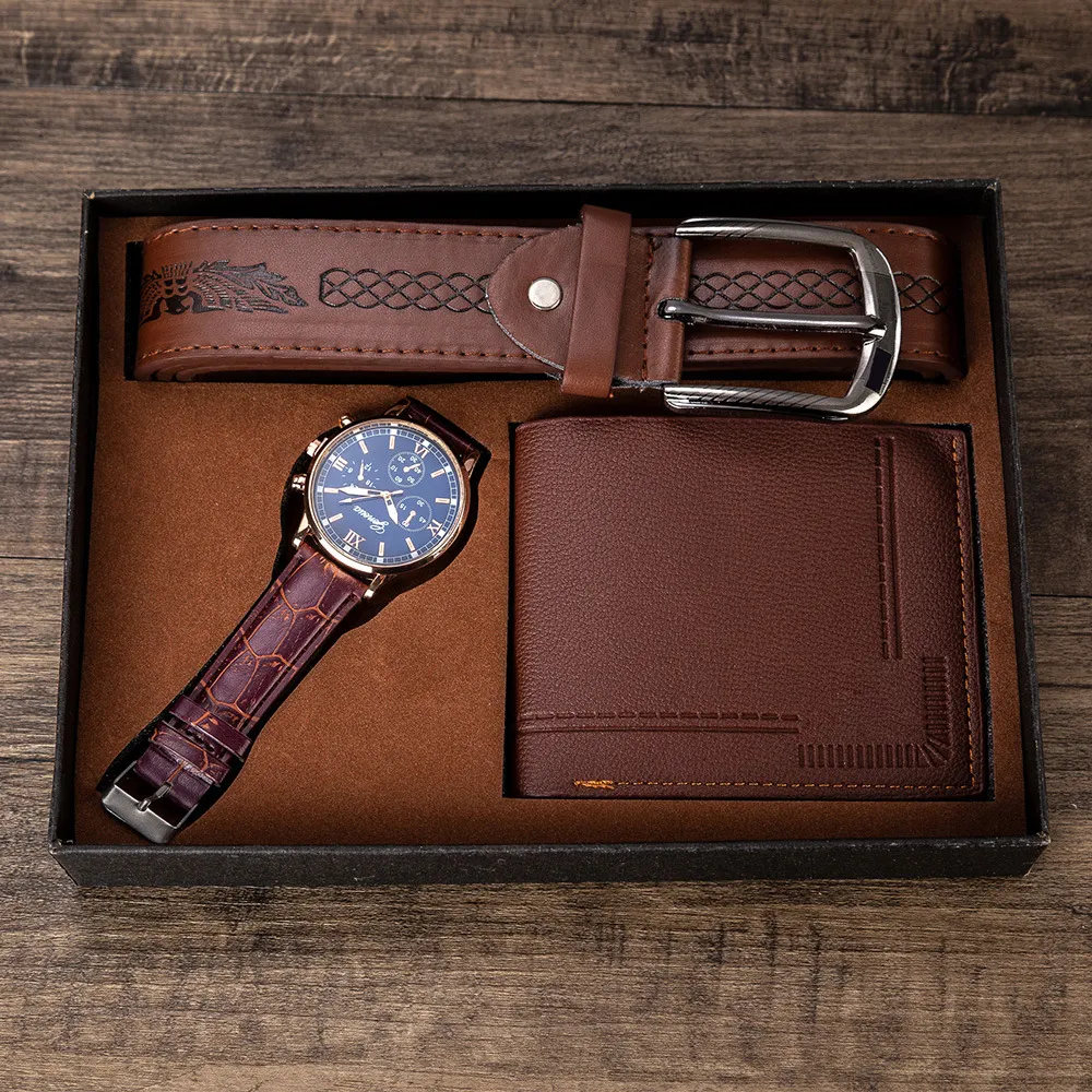 Vendita calda orologio + portafoglio + cintura 3 in 1 set regalo padre set regalo uomo set confezione regalo uomo