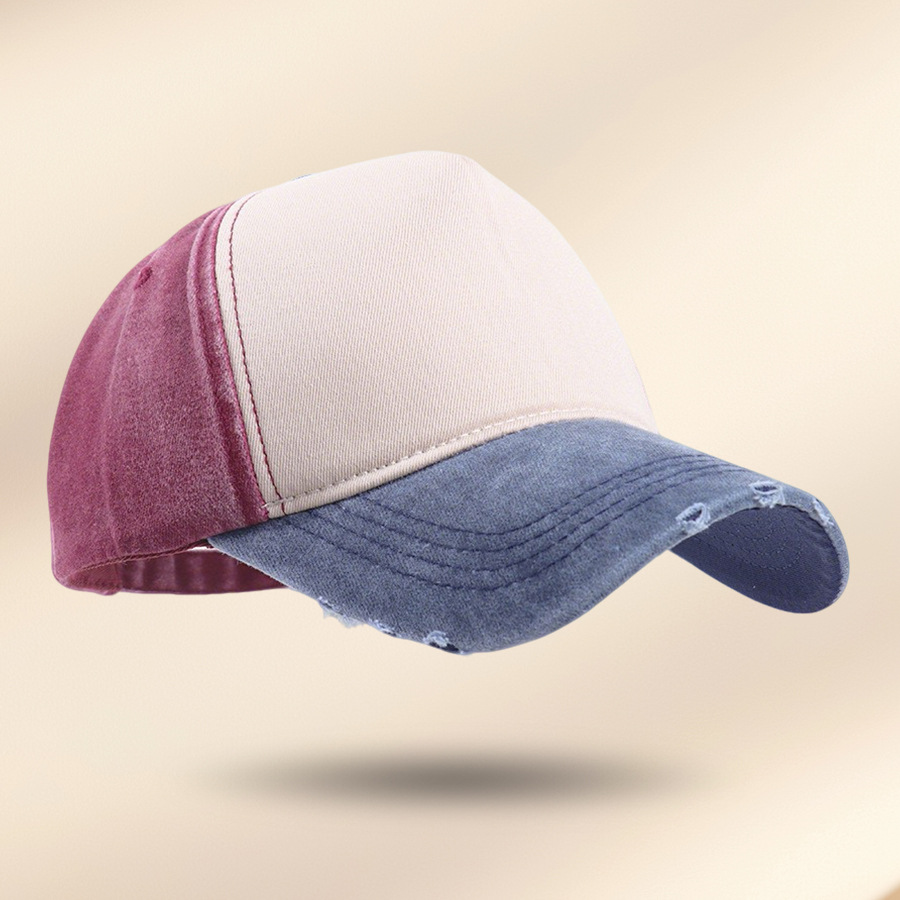 Wine-red top, dark blue brim
