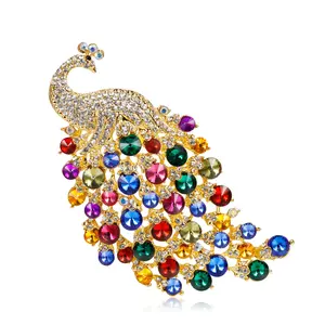 Sparkling Multi Color Rhinestone Crystal Peacock Animal Brooch With Gold Plated