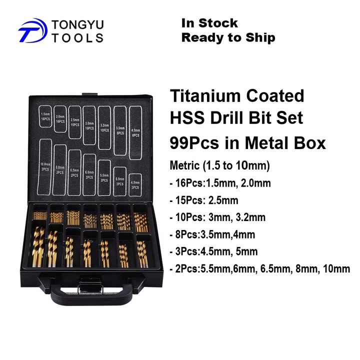 99 Pcs Titanium Coated HSS Drill Bit Set, 1.5-10mm Metric DIN338 Jobber ...