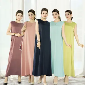 New Arrival Wholesale Ramadan Dubai Tunic Modest Plain Sleeveless Women's dress Muslim Women Satin Abaya Inner Slip Dress