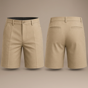 Pantalones Cortos de Hombre Transpirables de Punto con Logo Frontal, Pliegues y Cierre de Botones, 90% Poliéster, Color Caqui Sólido, Uniformes Casuales de Verano - Product Image 3