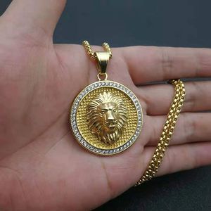 Collier Pendentif Tête de Lion Doré Yunnique en Acier Inoxydable avec Strass, Breloque Zodiaque Animale Sertie Pavé, Chaîne, Cadeau Bijou - Product Image 5