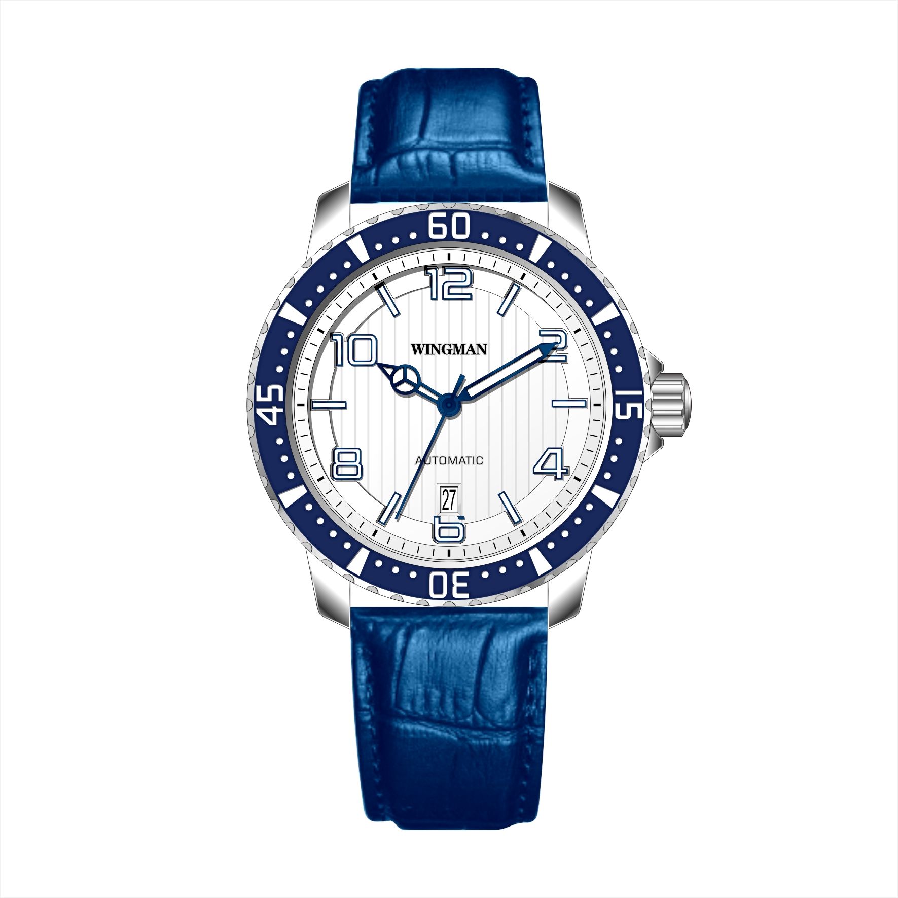 silver case with blue bezel white face