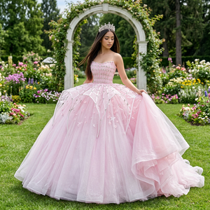 Vestido de Quinceañera Wx387 Rosa Rubor sin Tirantes con Cuentas y Tul Brillante, Vestido de Gala con Flores 3D para Fiesta de 15 Años, Jancember - Product Image 1
