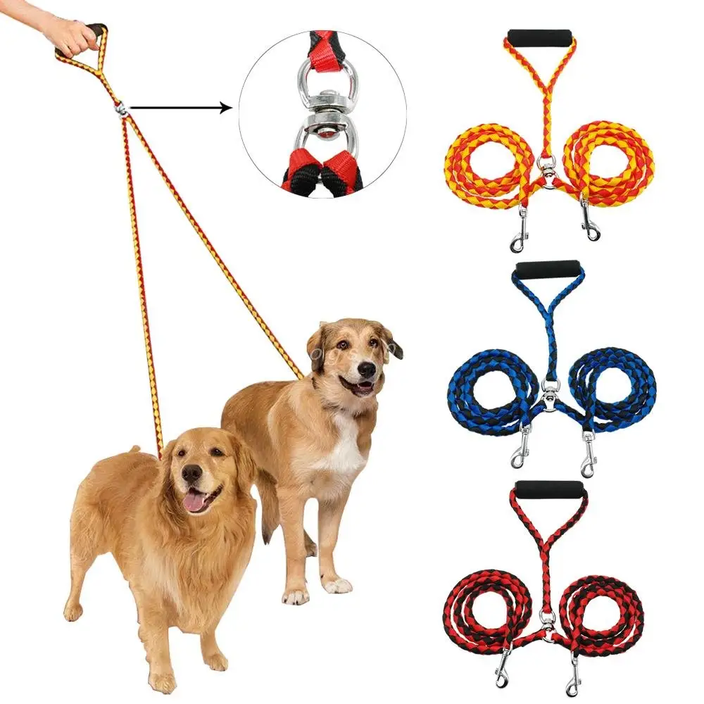 Corda de nylon trançada para cachorros, durável, corda com alça macia, duas cabeças, trela de 2 cães