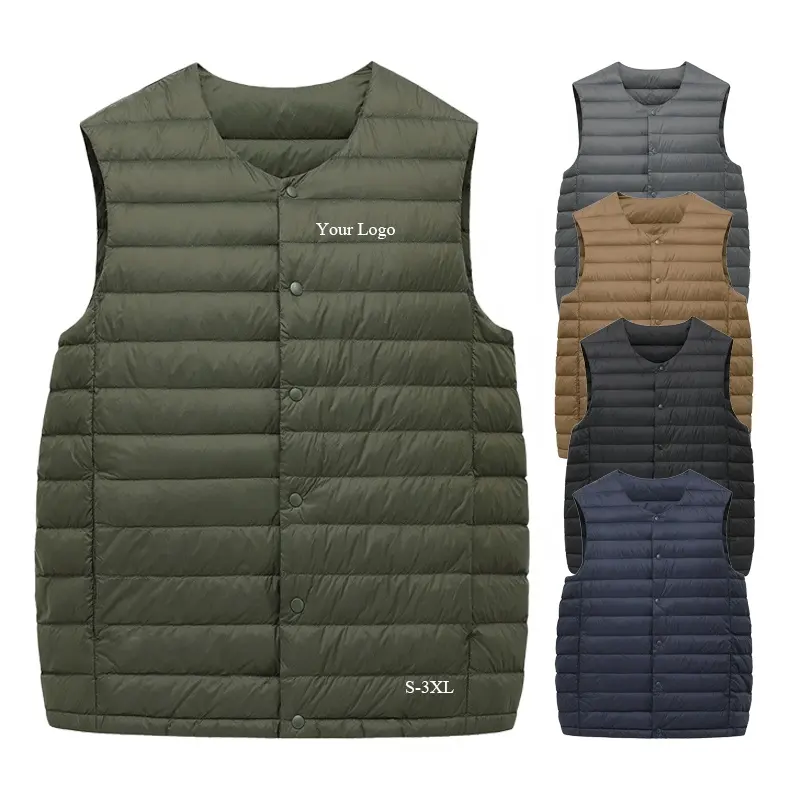 Mens winter warm Quilted Padded Gilet V neck Covered Button duck Down Puffer Sleeveless Jacket Vest Custom logo light down vest